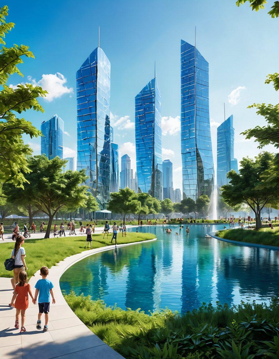 A futuristic city skyline with advanced filtration towers purifying air and water, lush greenery integrated within the architecture, people enjoying clean surroundings, and children playing in the park with crystal-clear water features. Bright blue skies contrast against the sleek metallic structures, depicting innovation. Vibrant colors. 3D.