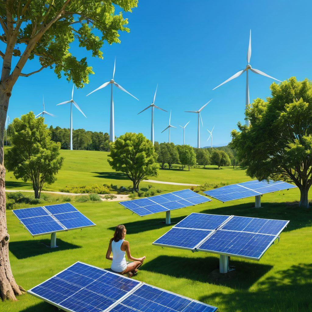 A serene landscape merging nature and technology, featuring a clear blue sky, lush green trees, and solar panels alongside wind turbines. In the foreground, a diverse group of people practicing mindfulness and enjoying the fresh air, symbolizing harmony with the environment. Bright and optimistic colors to convey a sense of wellbeing and positivity. super-realistic. vibrant colors. nature-themed.