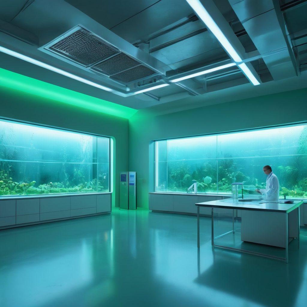 A futuristic laboratory showcasing a sleek, transparent water purification device integrated with advanced air filtration technology. The scene features scientists in lab coats interacting with high-tech screens displaying data and innovative designs. Soft blue and green lighting highlights the purity of water and air, with bubbles and glowing molecules symbolizing cleanliness and innovation. In the background, large windows reveal a bright, green landscape that embodies a sustainable future. super-realistic. vibrant colors. 3D.